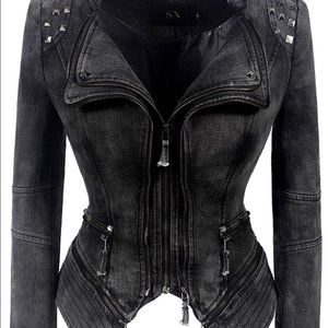 Women's Gray Denim Jean Blazer Moto Biker Jacket